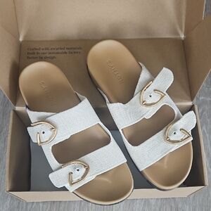 Rothy's White (Sea Sault) Double-Buckle Fabric Slide Sandals